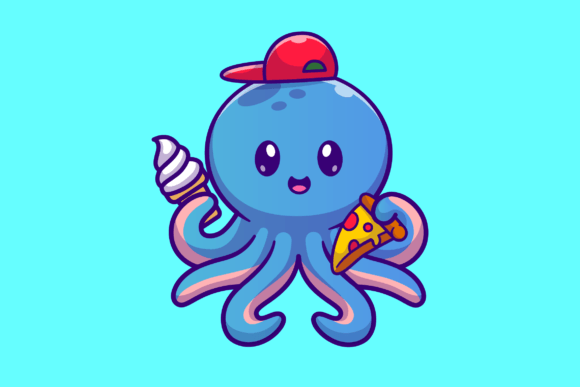 Adorable Kid Octopus Cartoon: Pizza & Ice Cream Vector Icon