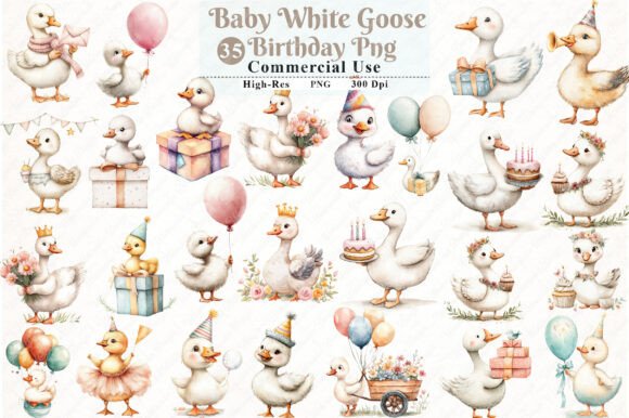 Charming Watercolor Baby White Goose Birthday PNG Collection