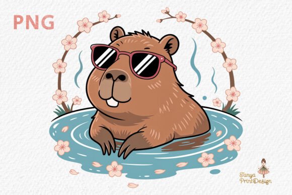 Cute Capybara in Sakura Pool: A Whimsical Design Asset