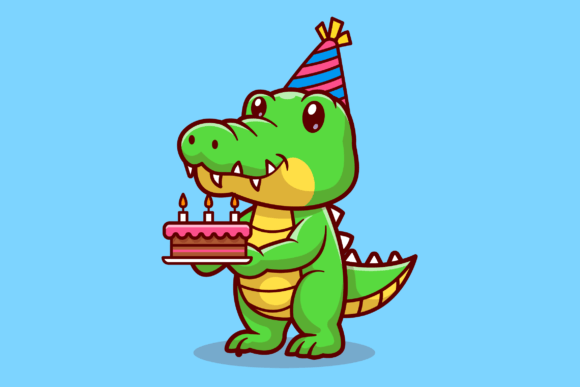 Cute Crocodile Holding Birthday Cake: A Delightful Design Asset