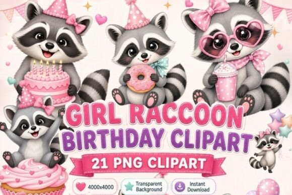 Cute Girl Raccoon Birthday Clipart: A Charming Design Bundle