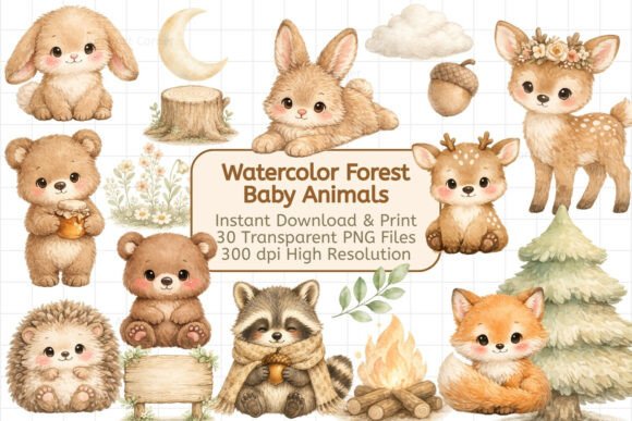 Enchant Your Designs with Watercolor Forest Baby Animals
