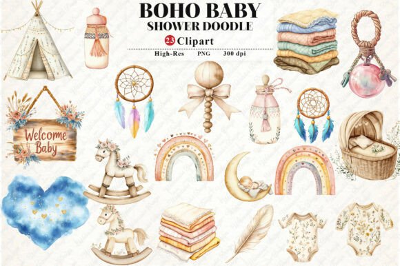 Neutral Boho Baby Shower Doodle Clipart for Creative Projects