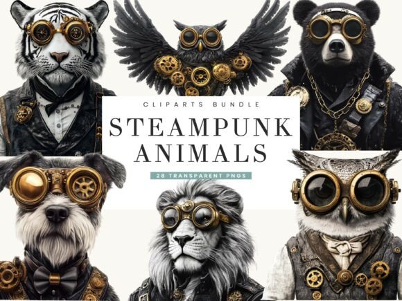 Steampunk Animals Portrait Clipart: Whimsical Designs for Creators