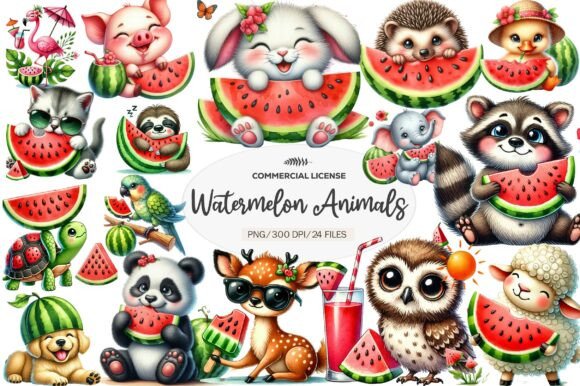 Summer Animals Enjoy Watermelon Clipart: Fun Design Assets