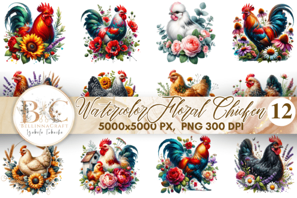 Watercolor Floral Chicken Clipart Bundle for Rustic Charm