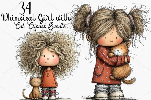 Whimsical Girl with Cat Clipart Bundle: A Designer's Cozy Toolkit